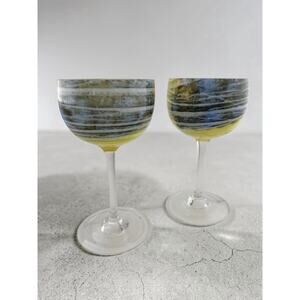 Steve Maslach Volcanic Ash Wineglasses Hand Blown Glass Signed 1978 Blue/Green